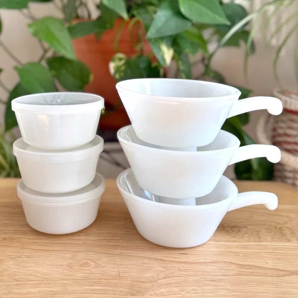 Fire-King Anchor Hocking Milk Glass Custard Cups  Handled French Casserole Bowls